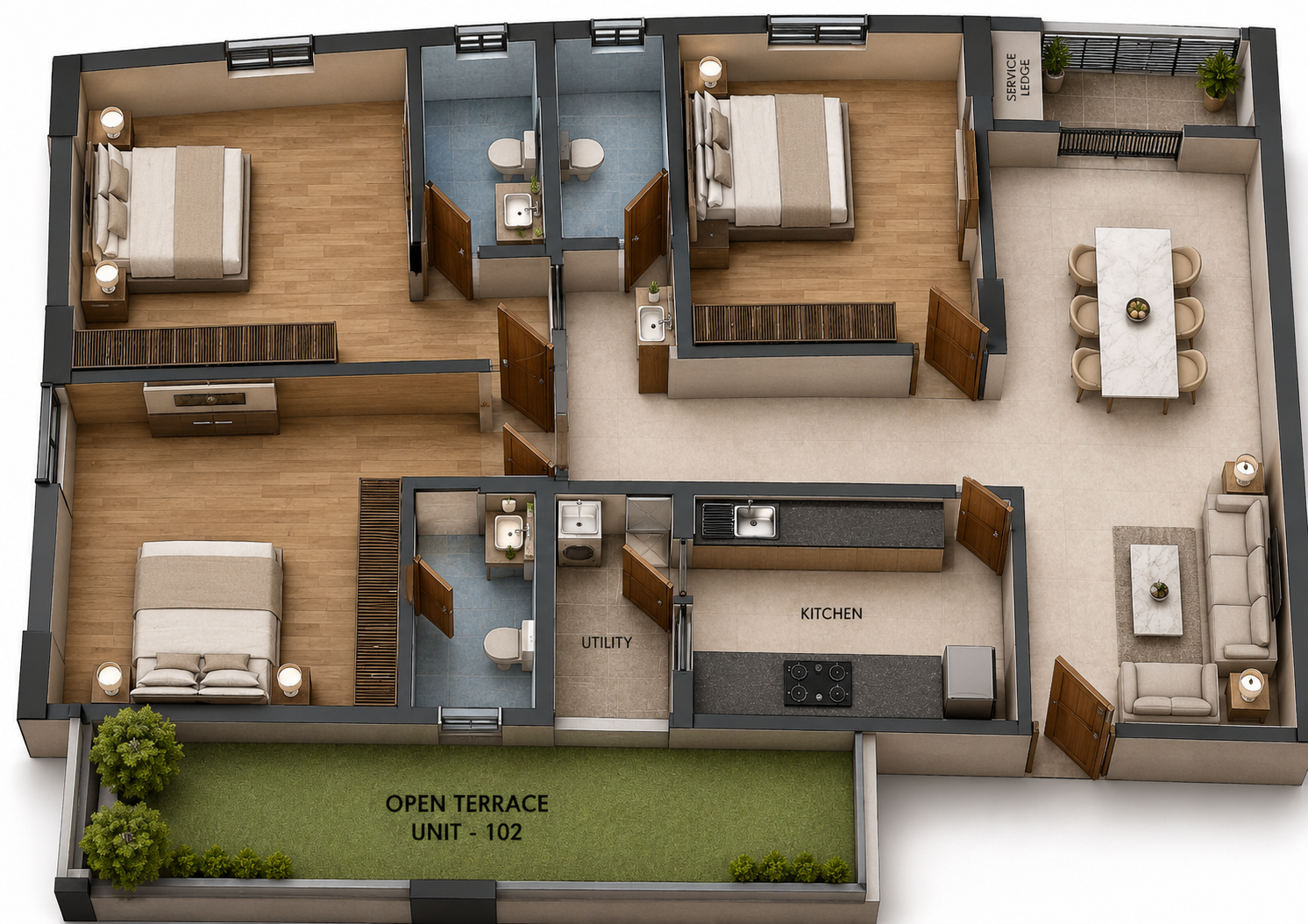 Unit Plan Flat Number 102 Isometric