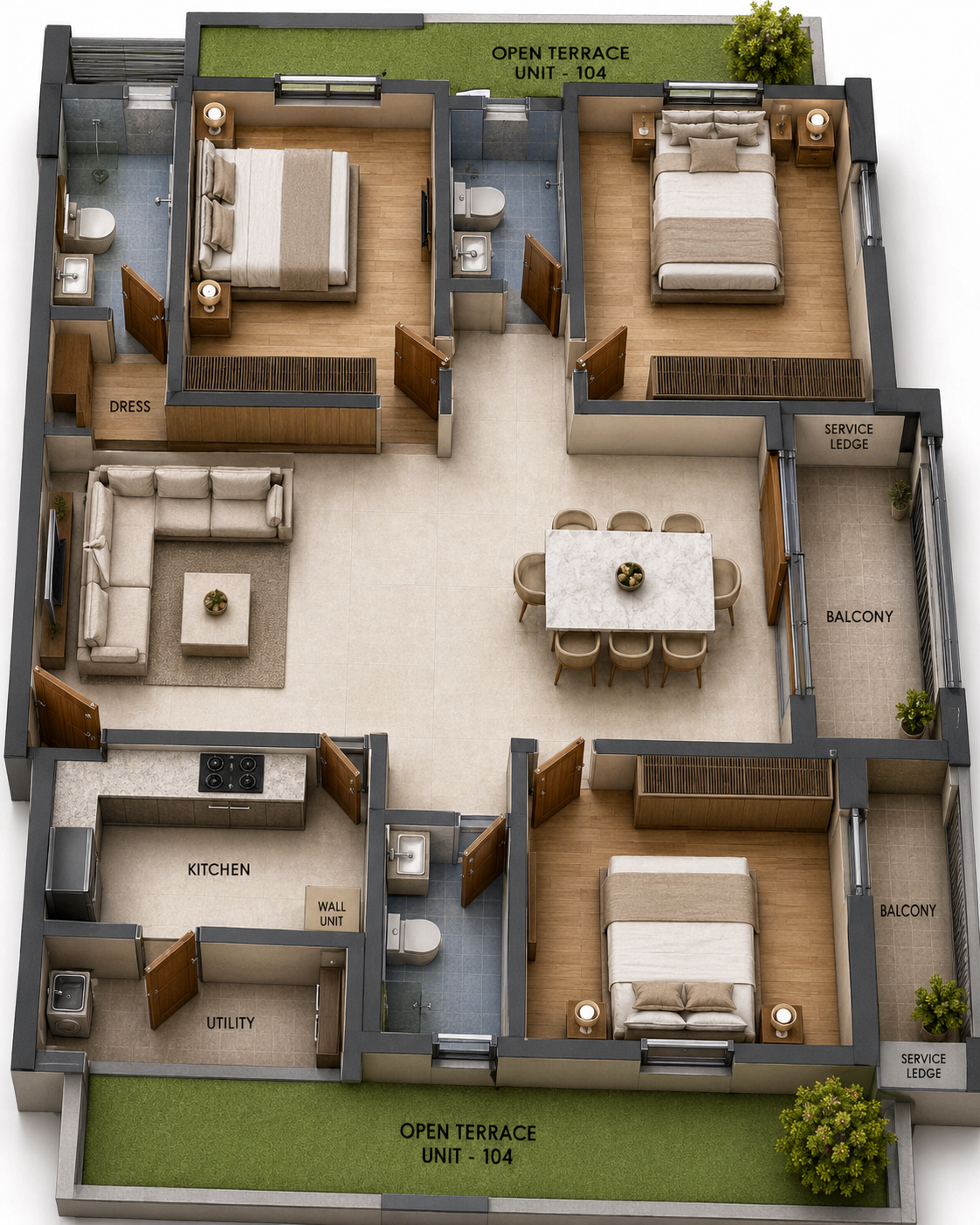 Unit Plan Flat Number 104 Isometric