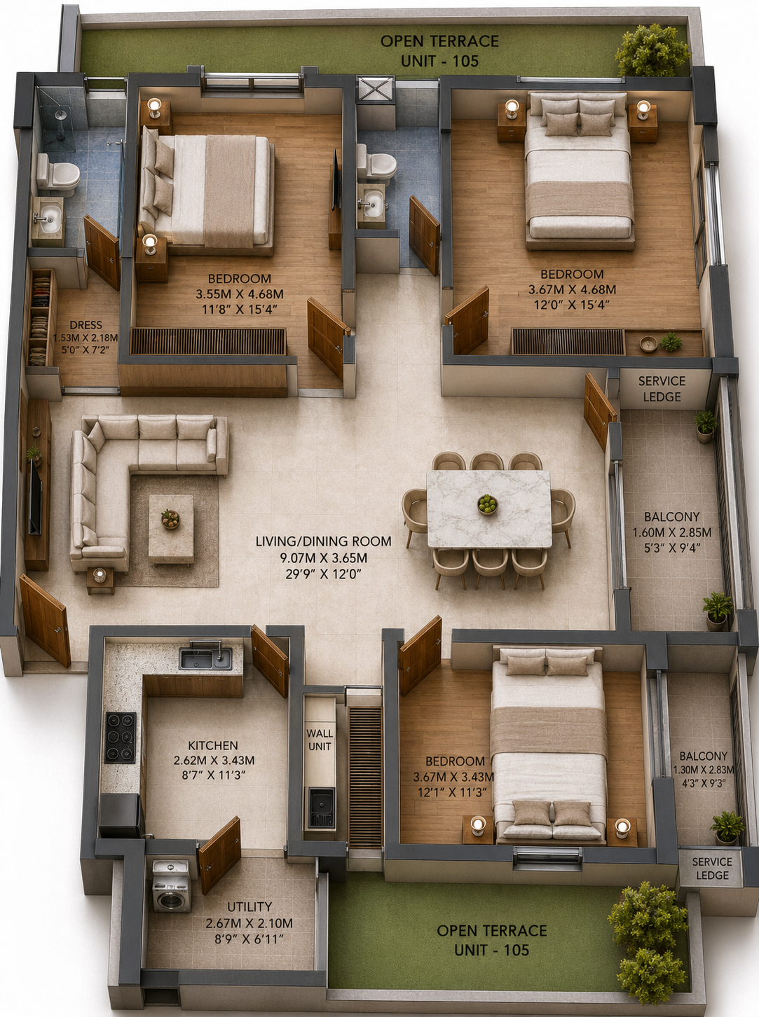 Unit Plan Flat Number 105 Isometric