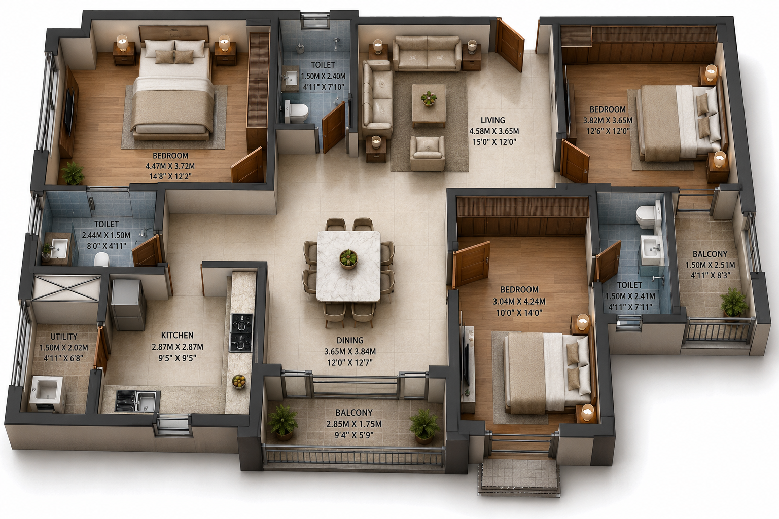 Unit Plan Flat Number 201-301-401 Isometric