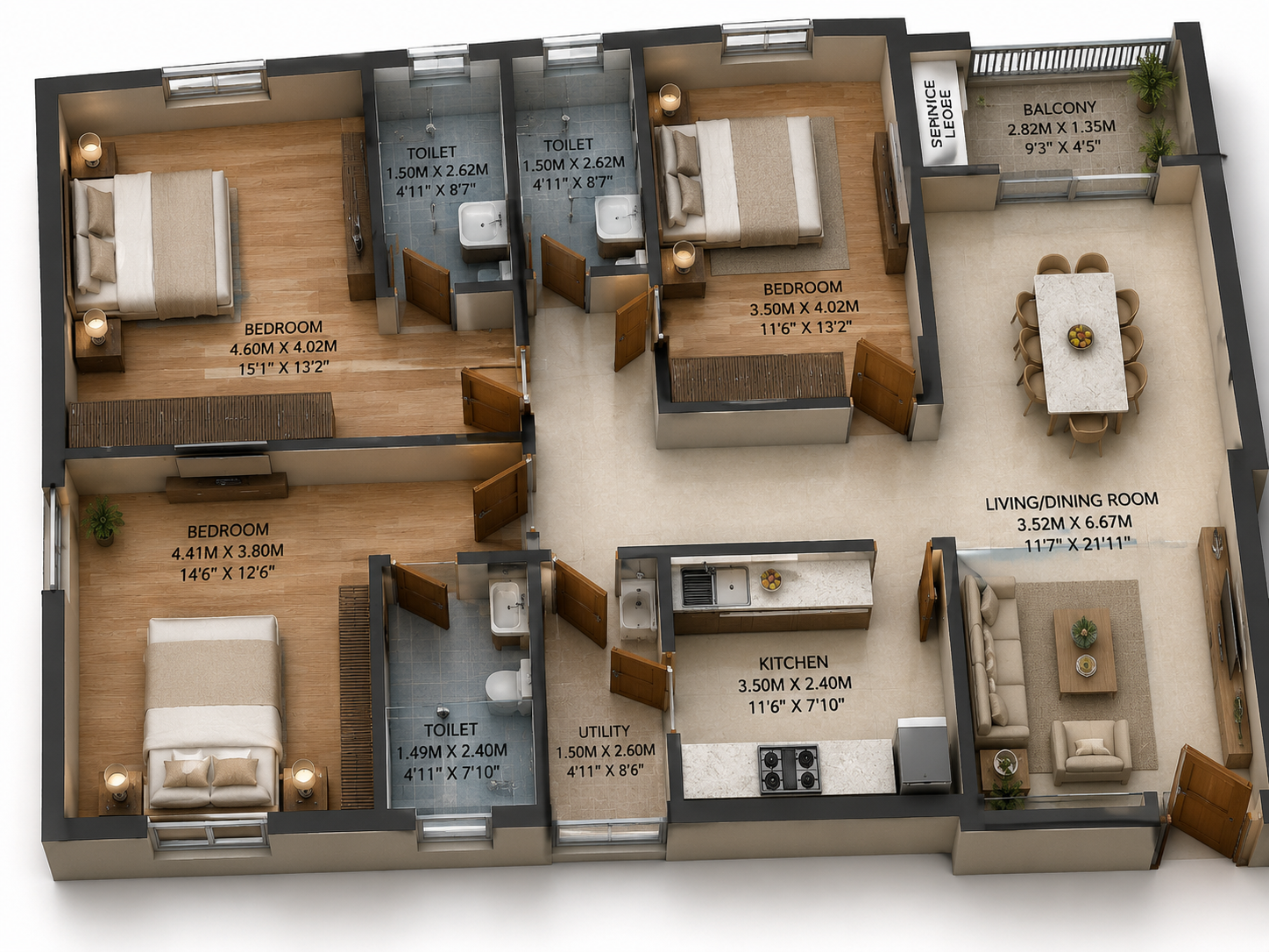 Unit Plan Flat Number 202-302-402 Isometric