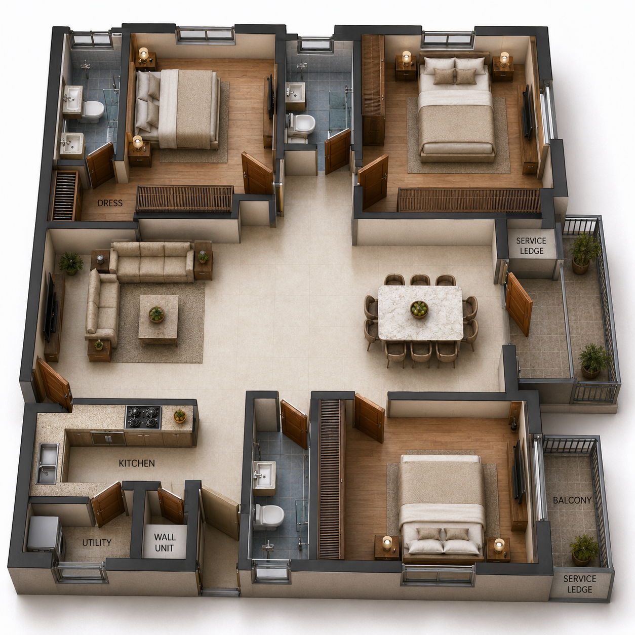 Unit Plan Flat Number 204-304-404-504 Isometric