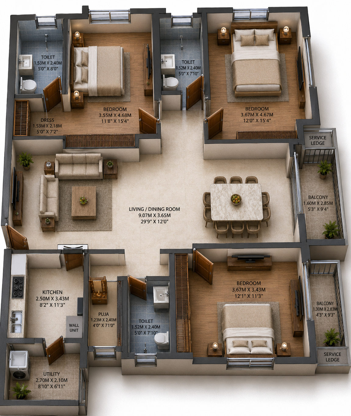 Unit Plan Flat Number 205-305-405-505 Isometric