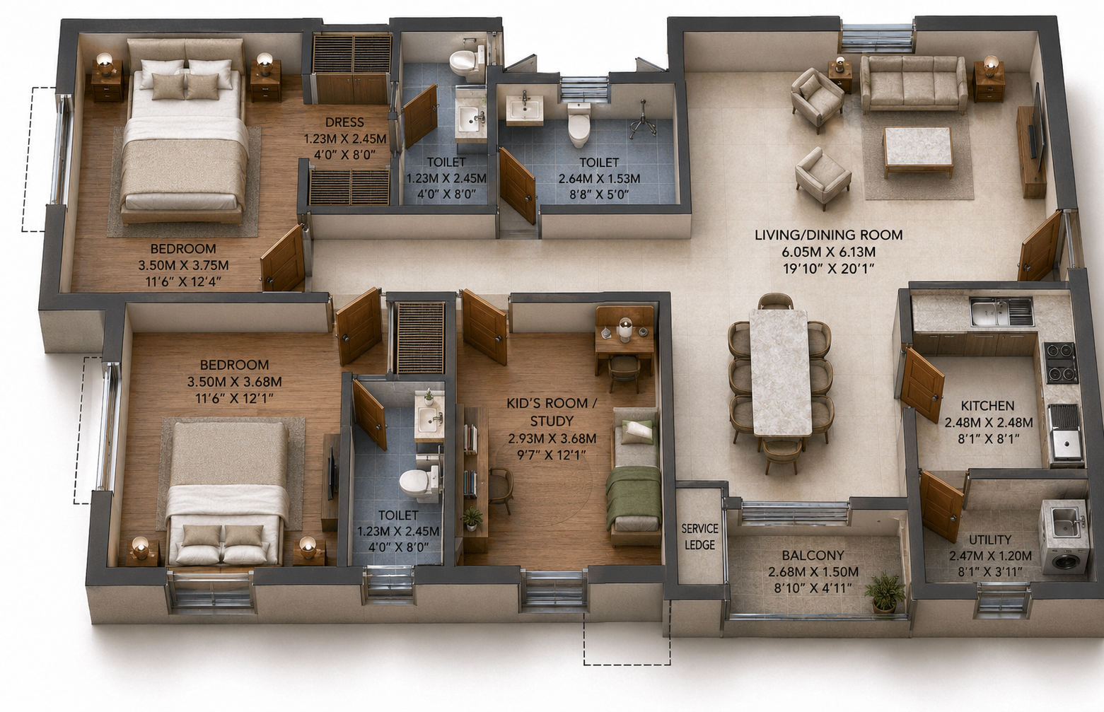Unit Plan Flat Number 209-309-409-509 Isometric